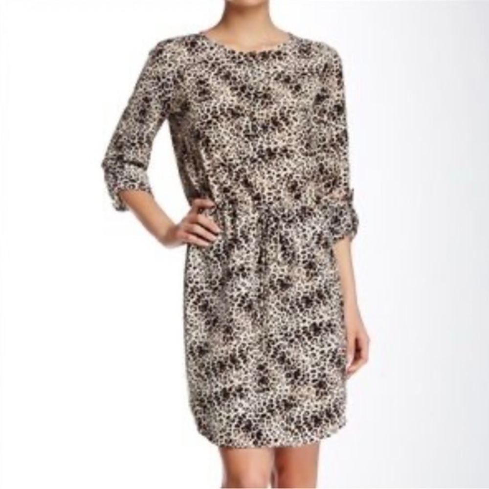 Vince Camuto Tan Black Leopard Animal Print Roll Sleeve Mini Dress 12 Party Chic